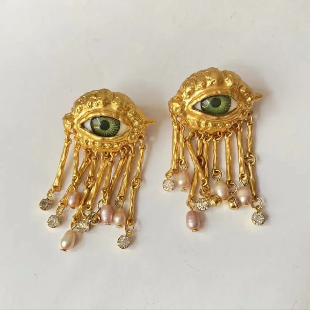 Vintage gold earrings evil eye unique one of a kind piece